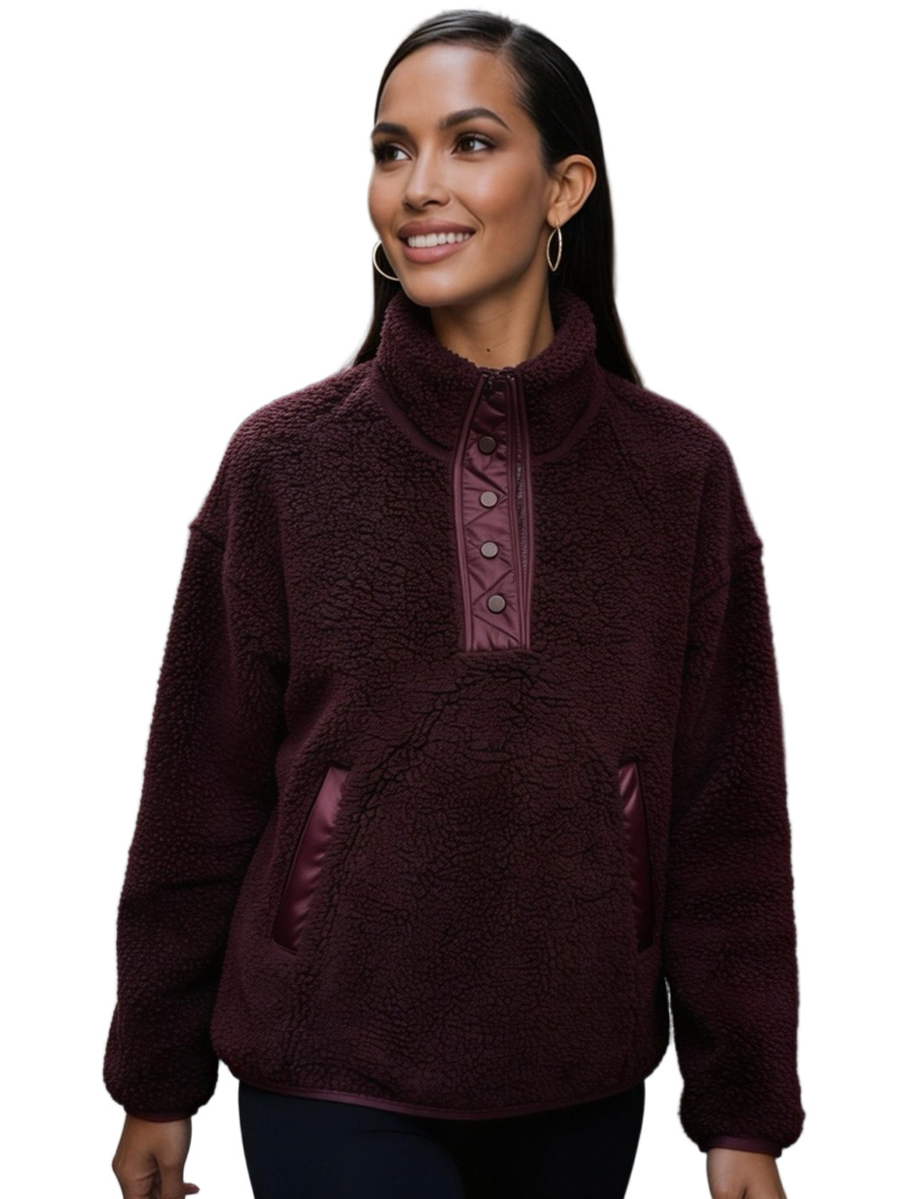 Athleta Burgundy Sherpa Pullover Snap Sweatshirt Oversized Fit NWT